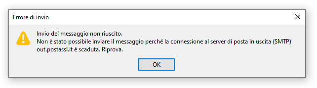 Errore di invio - Invio del messaggio non riuscito. Non è stato possibile inviare il messaggio perchè la connessione al server di posta in uscita (SMTP) è scaduta. Riprova.