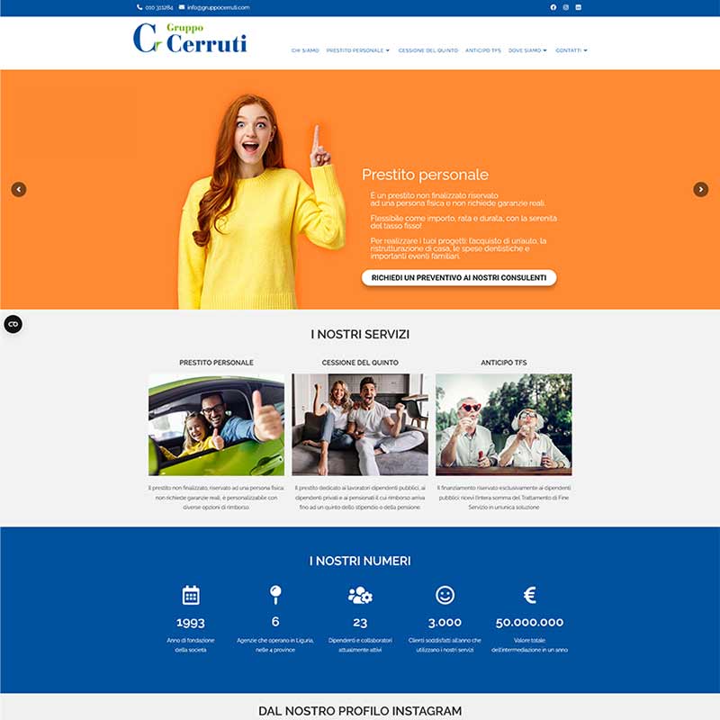 Schermata quadrata dell'homepage del Gruppo Cerruti